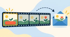 Filmový pás animace GIF se zvýrazněným prvním snímkem a tlačítkem a obálka e-mailu